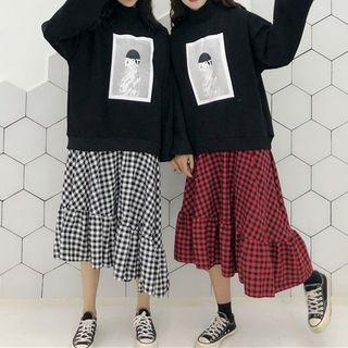 Mock Two Piece High Neck Plaid Panel Print Dress