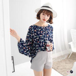 Slit-back Bell-sleeve Floral Blouse