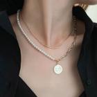 Disc Pendant Faux Pearl Choker 1 Pair - 2 Layers - Chain - Necklace - White & Gold & Silver - One Size