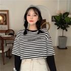 Mock Two Piece Striped Lettering Print T-shirt