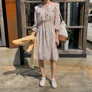 Frilled-collar Tie-neck Midi Floral Dress