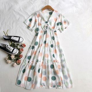 Vintage Dotted Drawstring Short-sleeve Dress