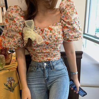 Short-sleeve Floral Print Top Almond - One Size