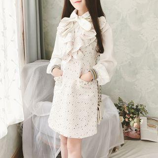 Sleeveless Frill-trim Tweed Dress