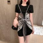 Fake Two Piece Bow Short-sleeved Dress Black - One Size