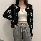 Printed Cropped Long-sleeve Knit Top As Shown In Figure - One Size