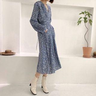 Floral Long Dress With Sash Sky Blue - One Size