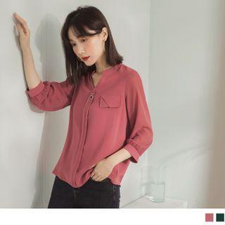 3/4-sleeve Notched Neckline Chiffon Blouse