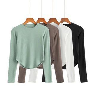 Long Sleeve Curved Hem Plain T-shirt