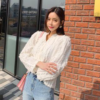 Puff-shoulder Fringed Linen Blend Blouse