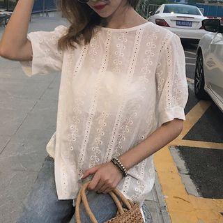 Short-sleeve Tie-back Eyelet Lace Top White - One Size