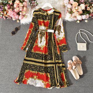 Patterned Long-sleeve Midi A-line Dress Red - One Size