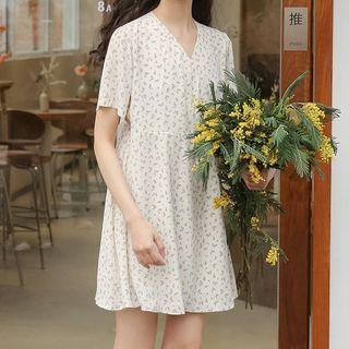 Short-sleeve Floral Print Mini A-line Dress Floral - Purple & Off-white - One Size