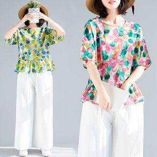 Elbow-sleeve Printed Frill Trim Top