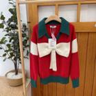 Color Block Bow Sweater Red - One Size