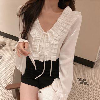 Bell-sleeve Ruffle Trim Drawstring Blouse White - One Size