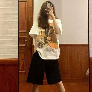 Set Of 2: Short-sleeve Printed T-shirt + High-waist Plain Shorts