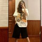 Set Of 2: Short-sleeve Printed T-shirt + High-waist Plain Shorts