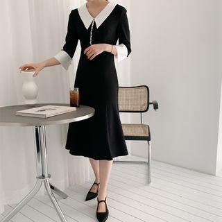 Collared Flared-sleeve Midi A-line Dress