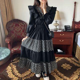 Puff-sleeve Flower Print Ruffle Maxi A-line Dress Black - One Size