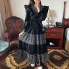 Puff-sleeve Flower Print Ruffle Maxi A-line Dress Black - One Size