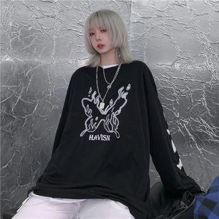 Couple Matching Long Sleeve Butterfly Print Top Black - One Size