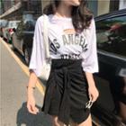 Elbow-sleeve Lettering Ripped T-shirt / Tie-front Asymmetrical A-line Skirt