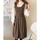 Set: Frill-neck Blouse + Plaid Jumper Dress Brown - One Size