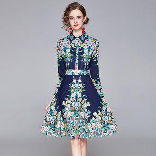 Long-sleeve Floral Print A-line Shirtdress