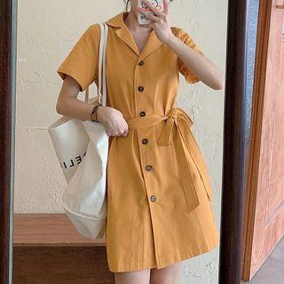 Short-sleeve Open-collar Tie-waist Mini Shirtdress