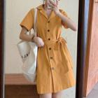 Short-sleeve Open-collar Tie-waist Mini Shirtdress
