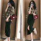 Set: Long Sleeve Plaid Shirt + Slit Midi Pencil Skirt