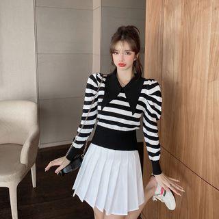 Long-sleeve Collared Striped Knit Top / Pleated Mini A-line Skirt