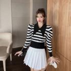 Long-sleeve Collared Striped Knit Top / Pleated Mini A-line Skirt