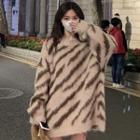 Long-sleeve Round Neck Zebra Print Sweater Zebra Print - Beige & Brown - One Size