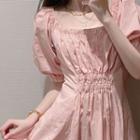 Puff-sleeve Square-neck Shirred Plain Dress