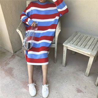 Striped Long-sleeve Midi Knit Dress Stripes - Red & Blue & White - One Size