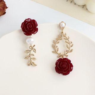 Asymmetrical Beaded Rose Drop Earring / Clip-on Earring