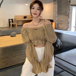 Off-shoulder Long-sleeve Plain Shirred Cropped Top
