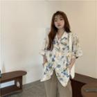 Elbow-sleeve Floral Print Shirt Blue & Yellow Pattern - White - One Size