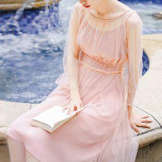 Set: Mesh Long-sleeve A-line Midi Dress + Strappy Dress