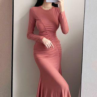 Ruched Slit Long-sleeve Maxi Dress