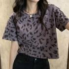 Short-sleeve Leopard Print T-shirt Dark Gray - One Size