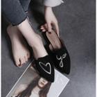 Heart & Lettering Print Pointed Faux Suede Mules