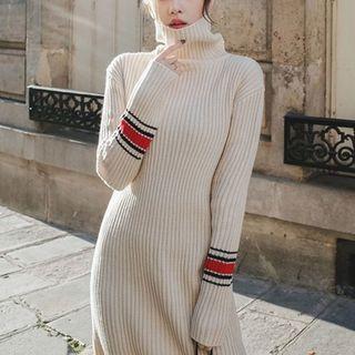 Striped Turtleneck Long Sleeve Midi Knit Dress