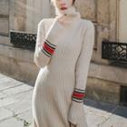 Striped Turtleneck Long Sleeve Midi Knit Dress