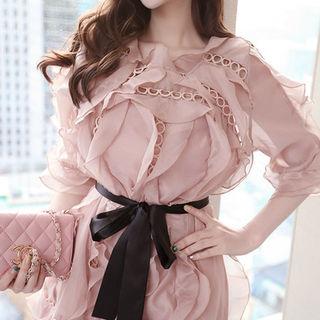 Set: Lace-trim Frilled Dress With Sash + Slipdress