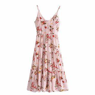 Spaghetti-strap Cherry Print Gingham Midi A-line Dress