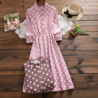 Long-sleeve Polka Dot Corduroy A-line Shirt Dress