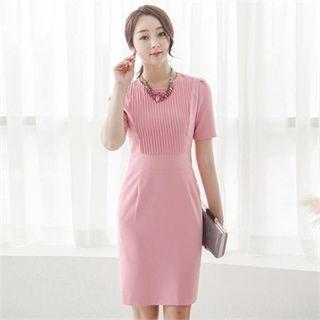 Short-sleeve Pintuck-detail Sheath Dress